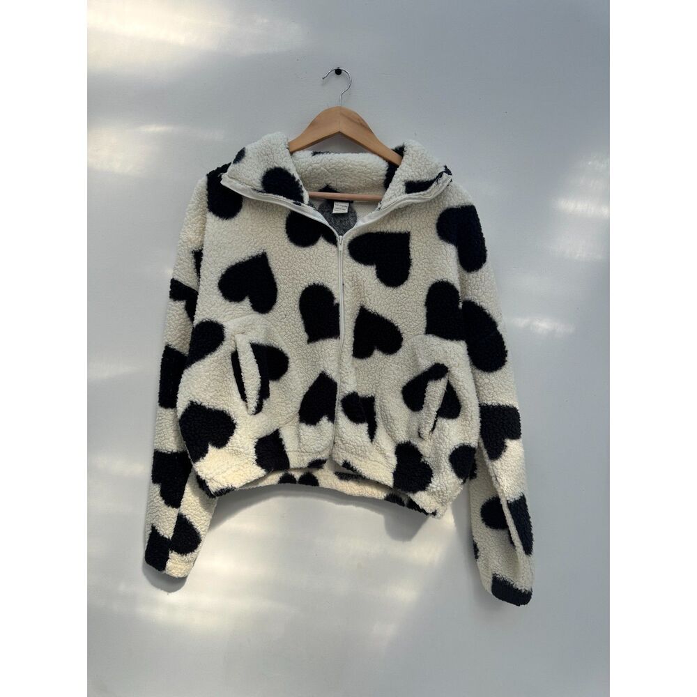 Weekending Sherpa Zip-Up Jacket Cream Black Heart Print Hooded Size M